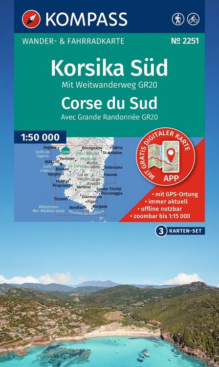 Produktbild: KOMPASS Wanderkarten-Set 2251 Korsika S&uuml;d. Mit Weitwanderweg GR20 / Corse du Sud. Avec Grande Randonn&eacute;e GR20 (3 Karten) 1:50.000