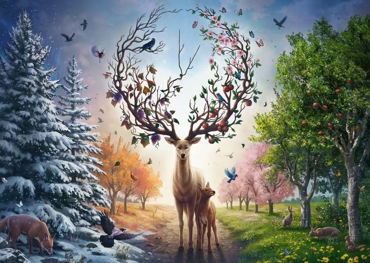 Produktbild: Erwachsenenpuzzle 1000 Teile - Der magische Hirsch und die vier Jahreszeiten