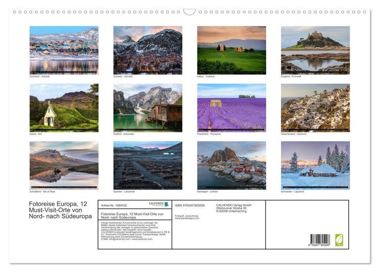 Produktbild: Fotoreise Europa, 12 Must-Visit-Orte von Nord- nach S&uuml;deuropa (Wandkalender 2026 DIN A2 quer), CALVENDO Monatskalender