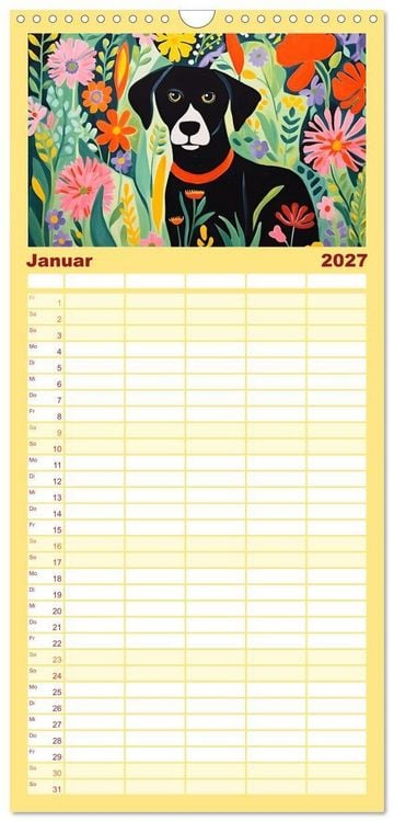 Produktbild: Familienplaner 2027 - Hunde Kunstwerke - Hunde im Stil des Fauvismus k&uuml;nstlerisch gestaltet mit 5 Spalten (Wandkalender, 21 x 45 cm) CALVENDO