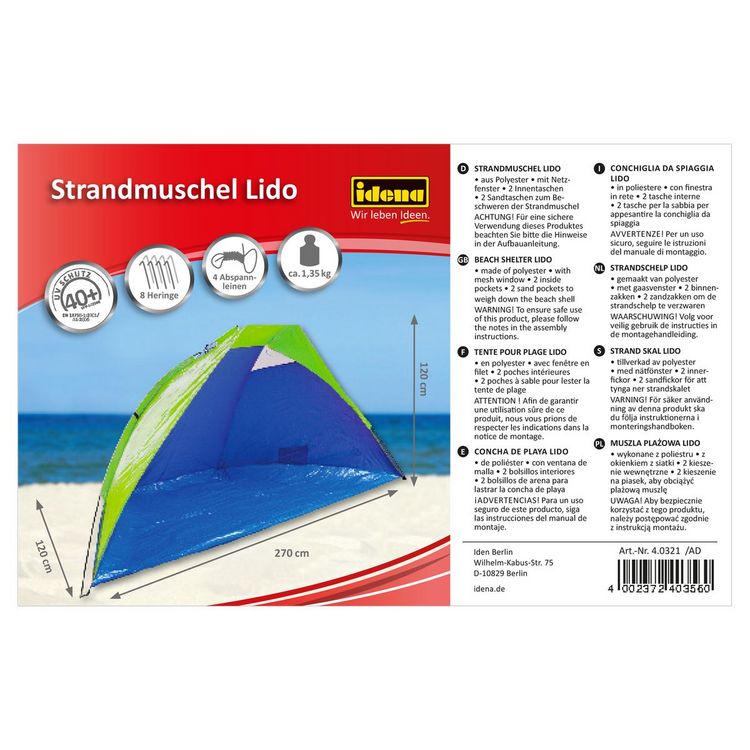 Produktbild: Idena Strandmuschel Lido UV40+ blau/gr&uuml;n 270x120x120cm