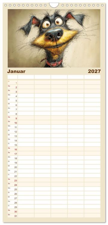 Produktbild: Familienplaner 2027 - Karikatur trifft Hund. Ein Blick auf charmante Vierbeiner mit 5 Spalten (Wandkalender, 21 x 45 cm) CALVENDO