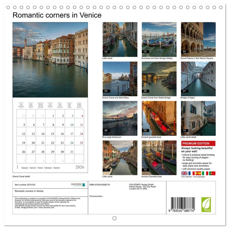 Produktbild: Romantic corners in Venice (Wall Calendar 2026 12 &times; 12 Inch) CALVENDO 12 Month Wall Calendar