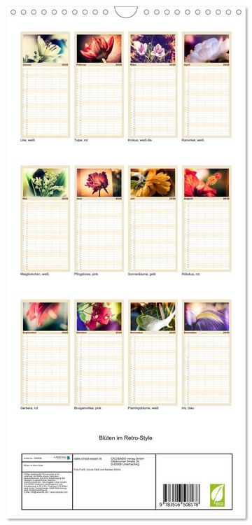 Produktbild: Familienplaner 2026 - Bl&uuml;ten im Retro-Style mit 5 Spalten (Wandkalender, 21 x 45 cm) CALVENDO
