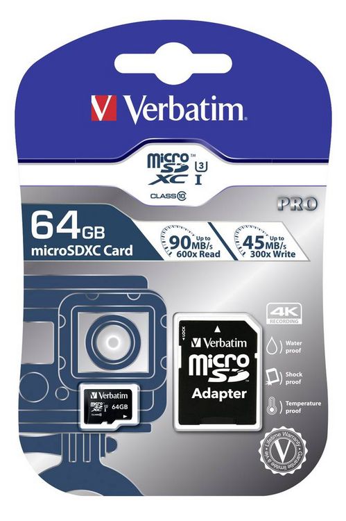 Produktbild: Verbatim PRO microSDXC-Karte 64 GB Class 10, UHS-I, UHS-Class 3 inkl. SD-Adapter