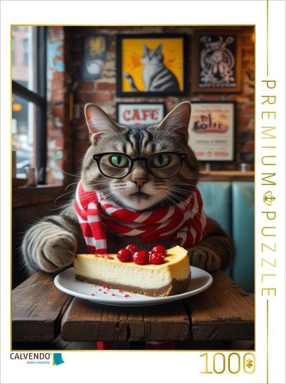 Produktbild: CALVENDO Puzzle Caf&eacute;-Katze mit Brille und Kuchen - witziges Katzenbild im Hipster-Stil | 1000 Teile Lege-Gr&ouml;&szlig;e 64x48cm Foto-Puzzle f&uuml;r gl&uuml;ckliche Stun
