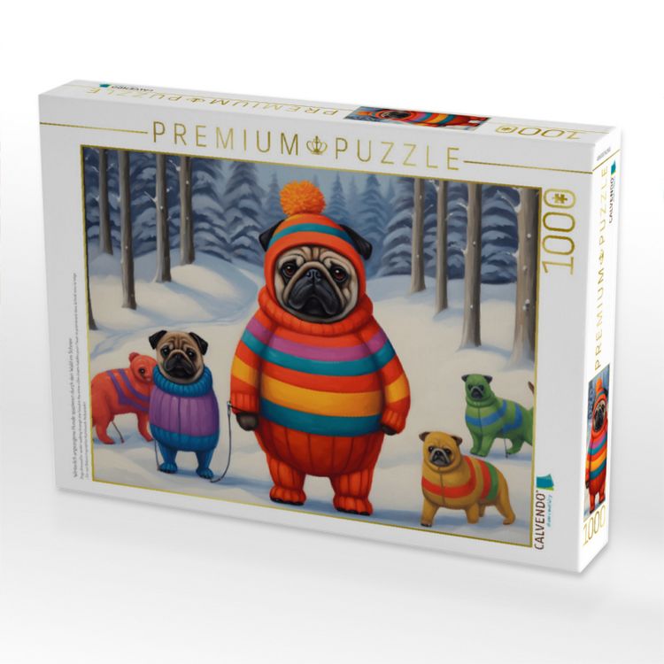 Produktbild: CALVENDO Puzzle Winterlich angezogene Hunde spazieren durch den Wald im Schnee | 1000 Teile Lege-Gr&ouml;&szlig;e 64x48cm Foto-Puzzle f&uuml;r gl&uuml;ckliche Stunden