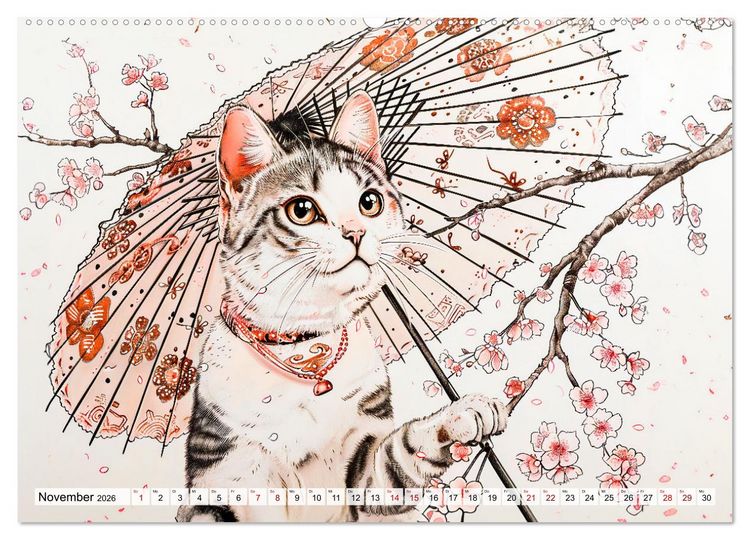Produktbild: Geisha-Katzen - Mit Bl&uuml;ten, Schirm und Bambus im Japanstil (hochwertiger Premium Wandkalender 2026 DIN A2 quer), Kunstdruck in Hochglanz