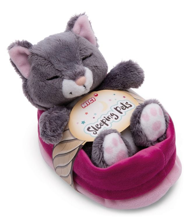 Produktbild: NICI 49746 - Sleeping Pets, Katze grau 12cm im rosa K&ouml;rbchen, GREEN