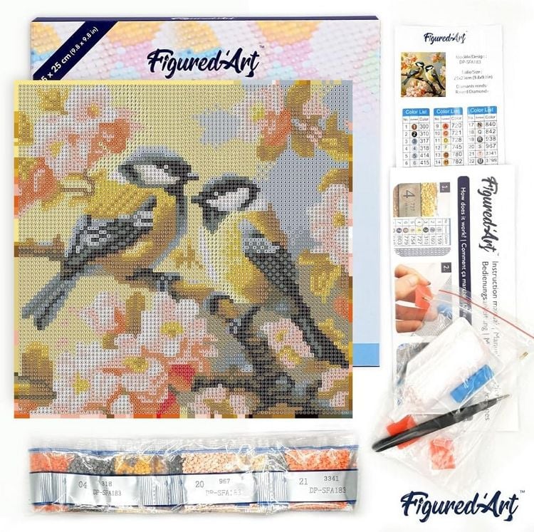 Produktbild: FiguredArt DP-SFA183-Y - Mini Diamond Painting, Vogelpaar zwischen Bl&uuml;ten, Leinwand-Keilrahmen (25x25cm), DIY Bastelset