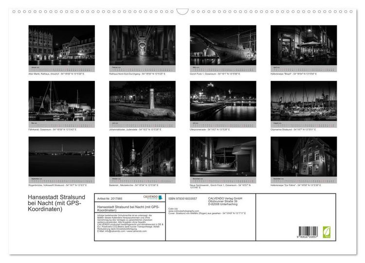 Produktbild: Hansestadt Stralsund bei Nacht (mit GPS-Koordinaten) (Wandkalender 2026 DIN A2 quer), CALVENDO Monatskalender