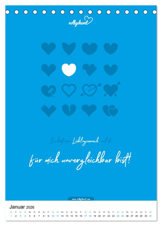 Produktbild: vollgeherzt: Lieblingsmensch-Kalender - Der Wandkalender als Geschenk f&uuml;r ganz besondere Menschen (Tischkalender 2026 DIN A5 hoch), CALVENDO Monatskalender