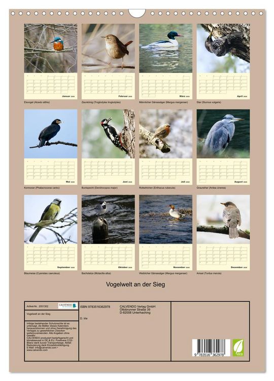Produktbild: Vogelwelt an der Sieg (Wandkalender 2026 DIN A3 hoch), CALVENDO Monatskalender