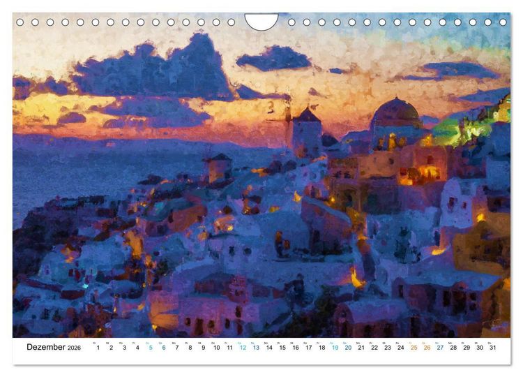 Produktbild: Urlaub auf Santorin - Gemalte Ansichten der Kykladeninsel (Wandkalender 2026 DIN A4 quer), CALVENDO Monatskalender