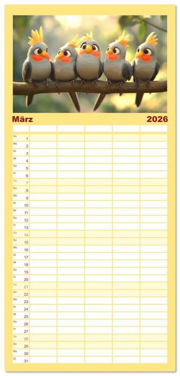 Produktbild: Familienplaner 2026 - Klein, laut, lustig - Nymphensittiche mit 5 Spalten (Wandkalender, 21 x 45 cm) CALVENDO