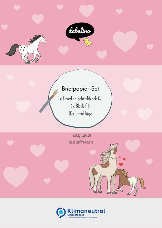 Produktbild: Liniertes Briefpapier-Set f&uuml;r Kinder: Pferde, Ponys (rosa mit Herzen, M&auml;dchen)