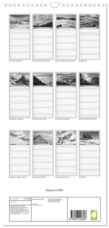 Produktbild: Familienplaner 2026 - Bergsucht 2026 mit 5 Spalten (Wandkalender, 21 x 45 cm) CALVENDO