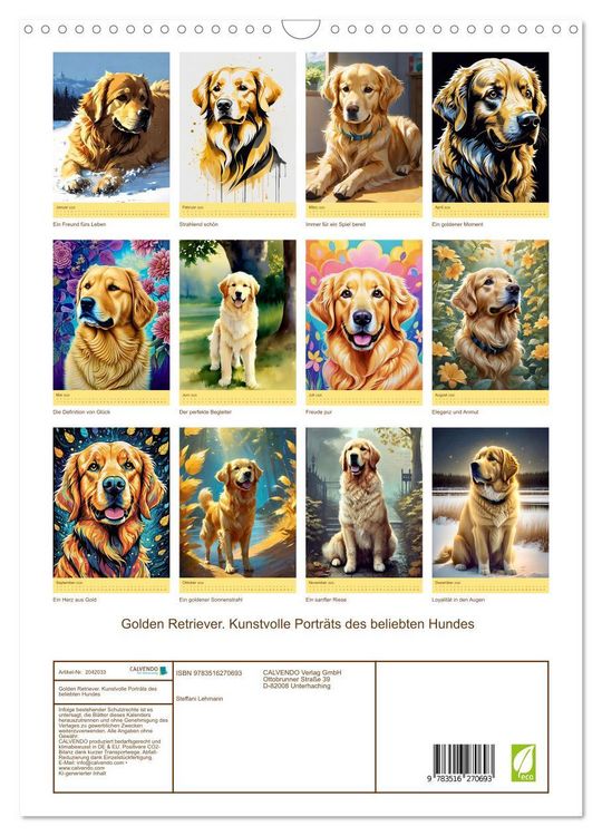 Produktbild: Golden Retriever. Kunstvolle Portr&auml;ts des beliebten Hundes (Wandkalender 2026 DIN A3 hoch), CALVENDO Monatskalender