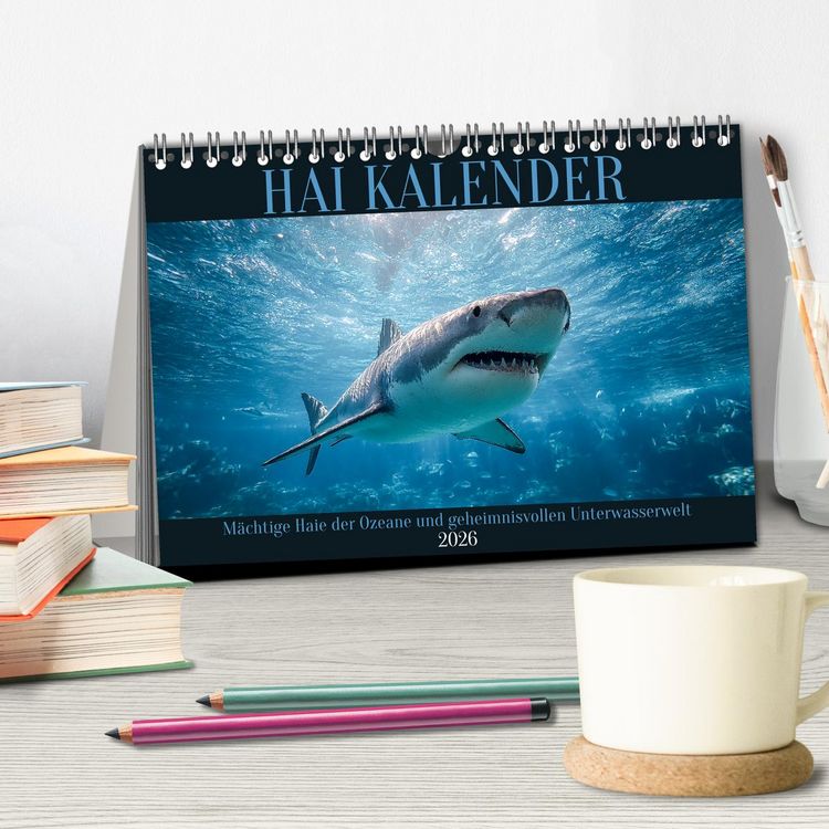 Produktbild: Hai Kalender - M&auml;chtige Haie der Ozeane und geheimnisvollen Unterwasserwelt (Tischkalender 2026 DIN A5 quer), CALVENDO Monatskalender