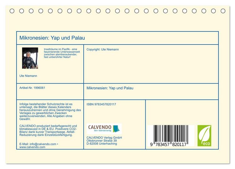 Produktbild: Mikronesien: Yap und Palau (Tischkalender 2026 DIN A5 quer), CALVENDO Monatskalender