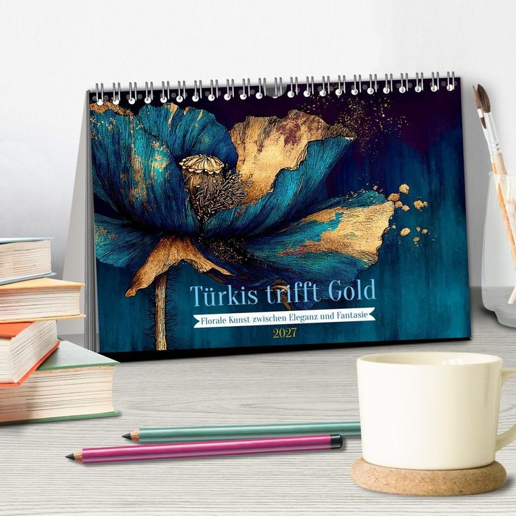 Produktbild: T&uuml;rkis trifft Gold (Tischkalender 2027 DIN A5 quer), CALVENDO Monatskalender