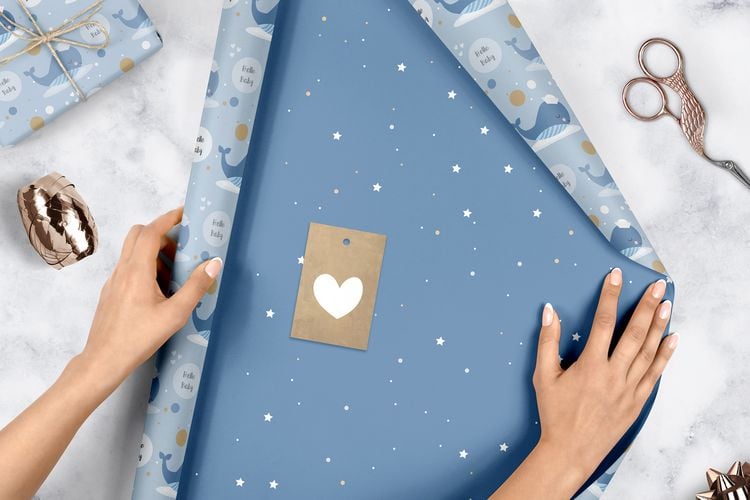 Produktbild: Geschenkpapier-Set zur Geburt f&uuml;r Baby-Jungen: Motiv "Wal"