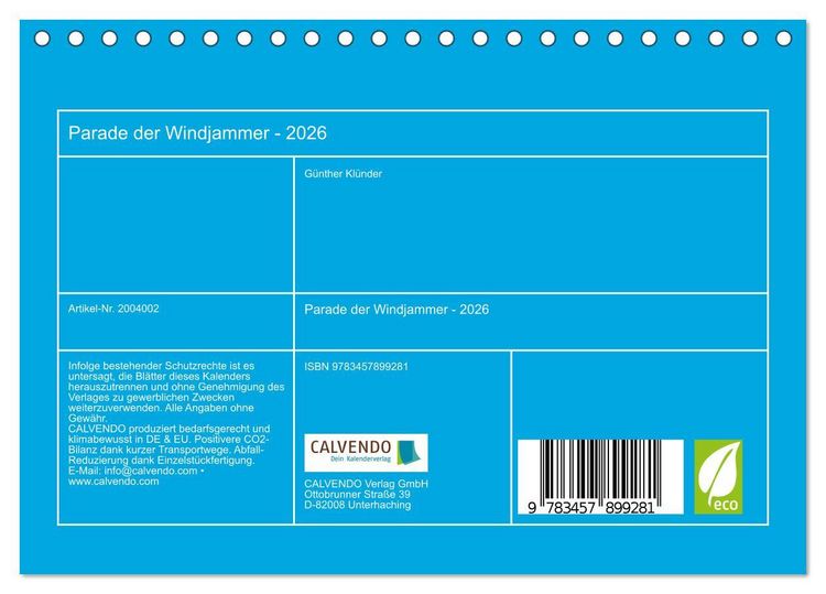 Produktbild: Parade der Windjammer - 2026 (Tischkalender 2026 DIN A5 quer), CALVENDO Monatskalender