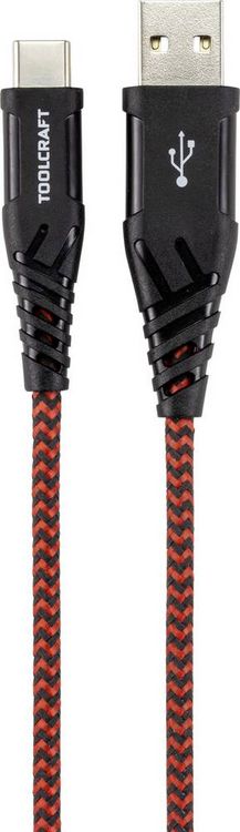 Produktbild: TOOLCRAFT USB-Kabel USB 2.0 USB-A Stecker, USB-C&reg; Stecker 2.00m Schwarz/Rot Extrem robuste Geflechtschirmung, beidseitig