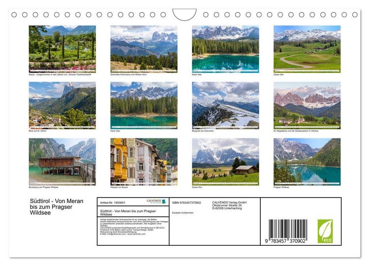 Produktbild: S&uuml;dtirol - Von Meran bis zum Pragser Wildsee (Wandkalender 2026 DIN A4 quer), CALVENDO Monatskalender