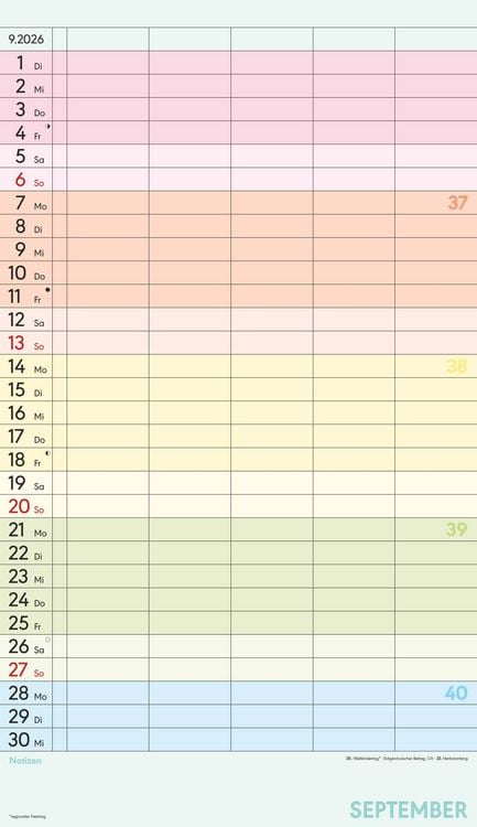 Produktbild: Superplaner Farbenfroh 2026 - 5 Spalten - Familienkalender 26x45 cm - Offset-Papier - mit Ferienterminen - Wandkalender - Wandplaner