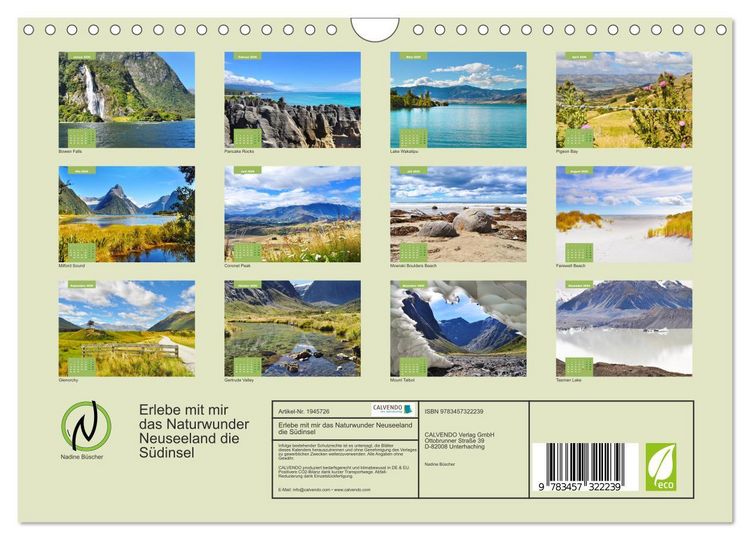 Produktbild: Erlebe mit mir das Naturwunder Neuseeland die S&uuml;dinsel (Wandkalender 2026 DIN A4 quer), CALVENDO Monatskalender