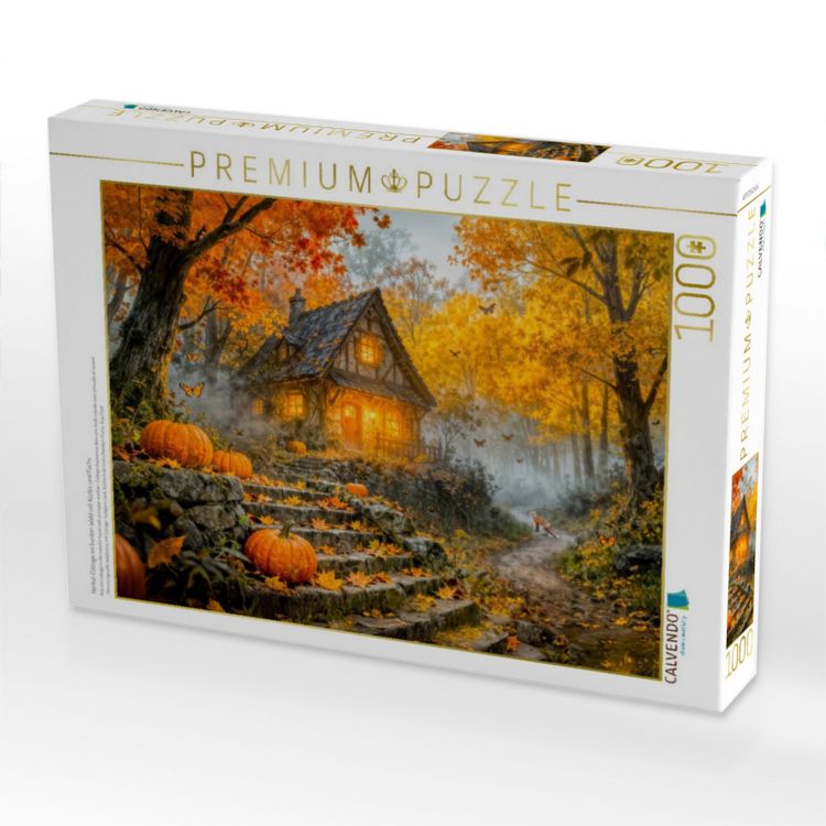 Produktbild: CALVENDO Puzzle Herbst Cottage im bunten Wald mit K&uuml;rbis und Fuchs | 1000 Teile Lege-Gr&ouml;&szlig;e 64x48cm Foto-Puzzle f&uuml;r gl&uuml;ckliche Stunden
