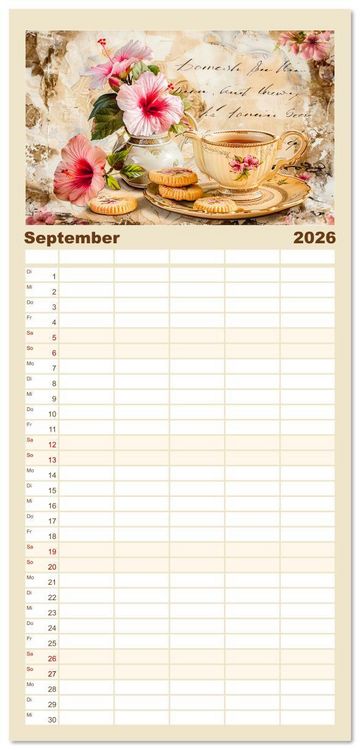 Produktbild: Familienplaner 2026 - Shabby Chic Romantik - Vintage Tassen, Blumen und nostalgische Briefe mit 5 Spalten (Wandkalender, 21 x 45 cm) CALVENDO