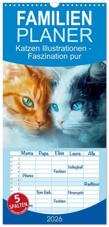 Produktbild: Familienplaner 2026 - Katzen Illustrationen - Faszination pur mit 5 Spalten (Wandkalender, 21 x 45 cm) CALVENDO