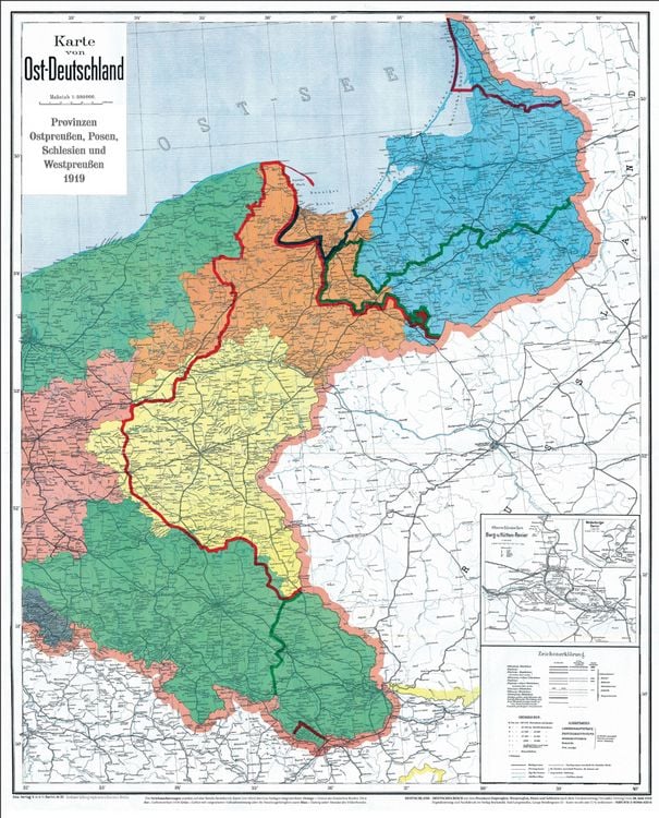 Produktbild: Historische Karte: DEUTSCHES REICH &ndash; Provinzen Ostpreu&szlig;en, Westpreu&szlig;en, Posen und Schlesien nach dem 28. Juni 1919 (gerollt)