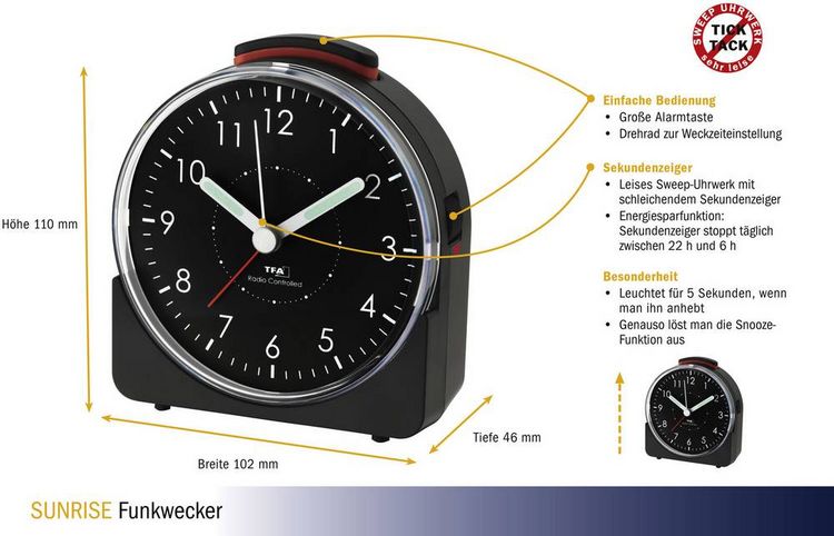 Produktbild: TFA Dostmann 60.1513.01 Funk Wecker Schwarz Fluoreszierend Zeiger