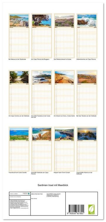 Produktbild: Familienplaner 2026 - Sardinien Insel mit Meerblick mit 5 Spalten (Wandkalender, 21 x 45 cm) CALVENDO