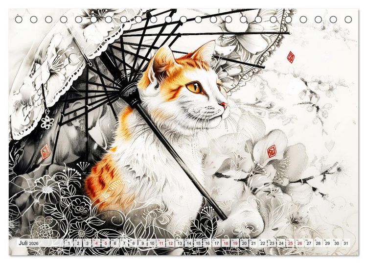 Produktbild: Geisha-Katzen - Mit Bl&uuml;ten, Schirm und Bambus im Japanstil (Tischkalender 2026 DIN A5 quer), CALVENDO Monatskalender