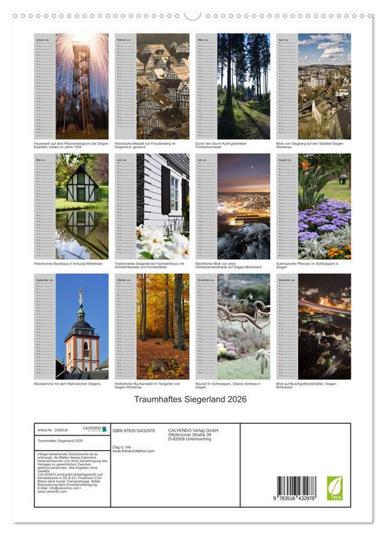 Produktbild: Traumhaftes Siegerland 2026 (hochwertiger Premium Wandkalender 2026 DIN A2 hoch), Kunstdruck in Hochglanz
