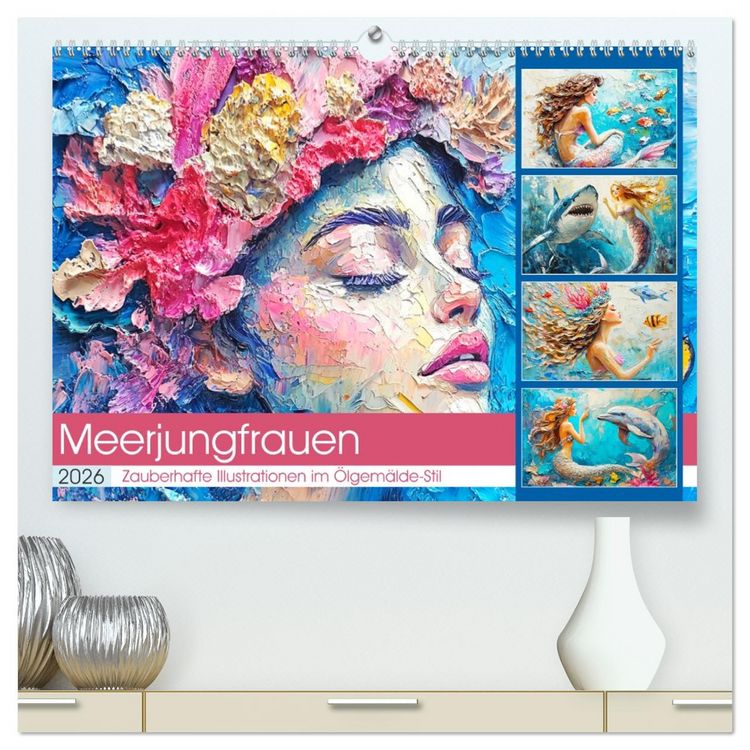 Produktbild: Meerjungfrauen. Zauberhafte Illustrationen im &Ouml;lgem&auml;lde-Stil (hochwertiger Premium Wandkalender 2026 DIN A2 quer), Kunstdruck in Hochglanz