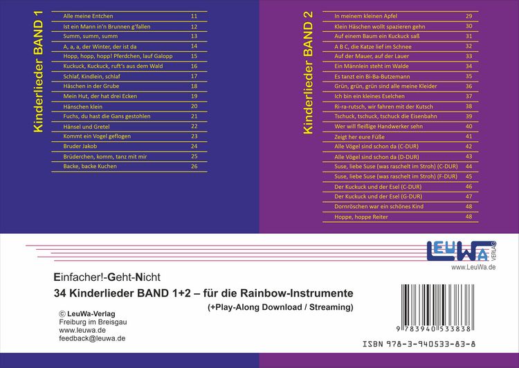 Produktbild: Einfacher!-Geht-Nicht: 34 Kinderlieder BAND 1+2 f&uuml;r die RAINBOW Instrumente (+Play-Along-Streaming) | LeuWa