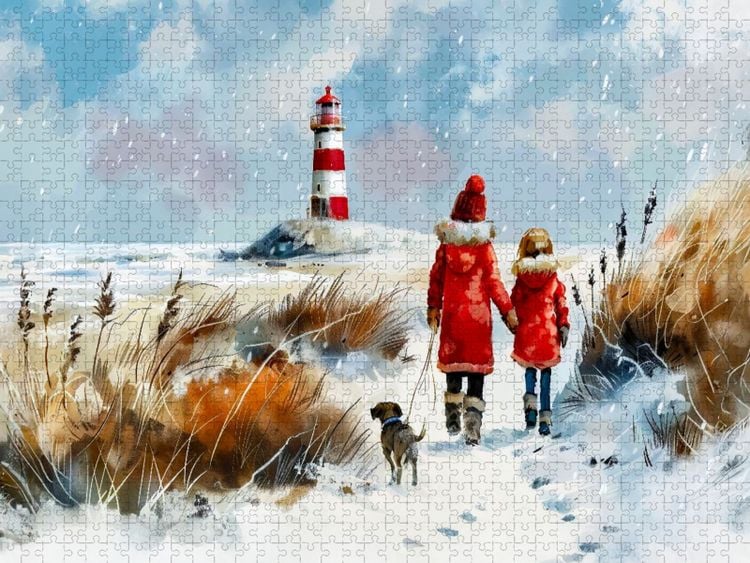 Produktbild: CALVENDO Puzzle Winterspaziergang mit Hund am Meer Aquarellbild | 1000 Teile Lege-Gr&ouml;&szlig;e 64x48cm Foto-Puzzle f&uuml;r gl&uuml;ckliche Stunden