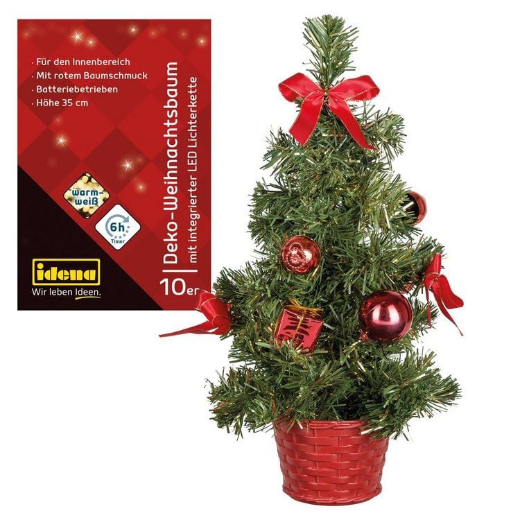 Produktbild: Idena Deko Weihnachtsbaum rot geschm&uuml;ckt 10 LED warmwei&szlig; 35cm batteriebetrieben