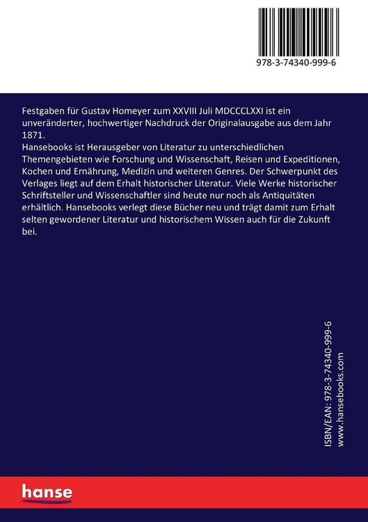 Produktbild: Festgaben f&uuml;r Gustav Homeyer zum XXVIII Juli MDCCCLXXI