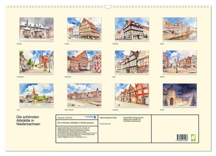 Produktbild: Die sch&ouml;nsten Altst&auml;dte in Niedersachsen (Wandkalender 2027 DIN A2 quer), CALVENDO Monatskalender