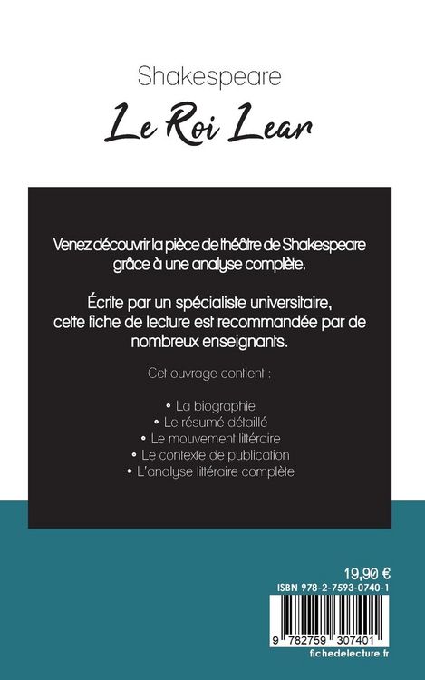 Produktbild: Le Roi Lear de Shakespeare (fiche de lecture et analyse compl&egrave;te de l'oeuvre)