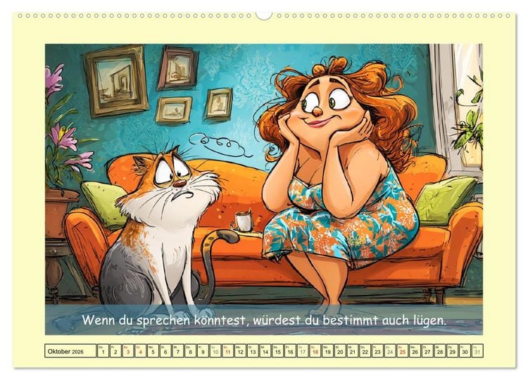 Produktbild: Katzen und Frauen. Lustige Cartoons vom t&auml;glichen Chaos (hochwertiger Premium Wandkalender 2026 DIN A2 quer), Kunstdruck in Hochglanz