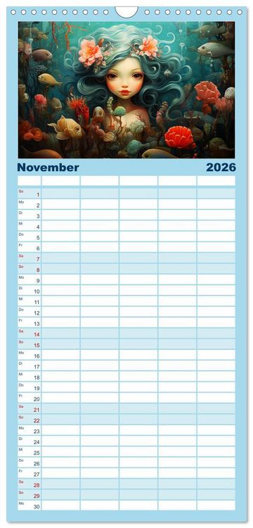 Produktbild: Familienplaner 2026 - Zauberhafte Meerjungfrauen. Liebliche Illustrationen mit 5 Spalten (Wandkalender, 21 x 45 cm) CALVENDO