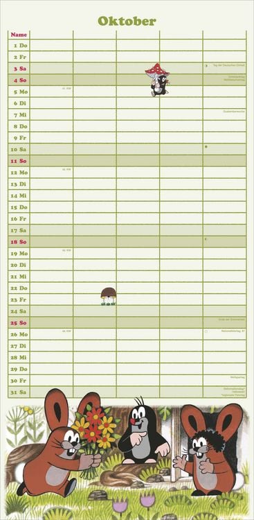 Produktbild: N NEUMANNVERLAGE - Der kleine Maulwurf 2026 Familienplaner, 22x45cm, Familienkalender mit 5 Spalten für Termine und Notizen, schöne Abbildungen, Stund