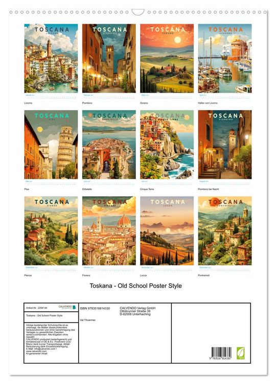 Produktbild: Toskana - Old School Poster Style (Wandkalender 2027 DIN A2 hoch), CALVENDO Monatskalender